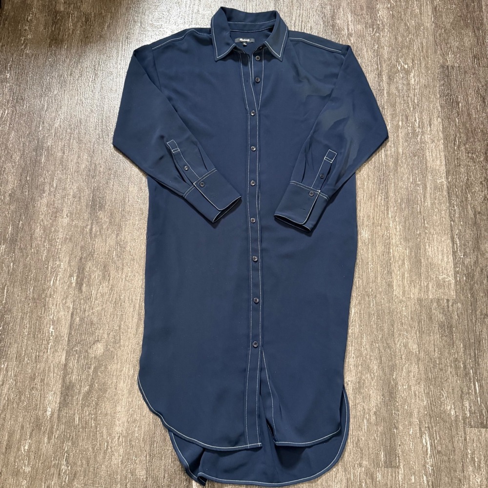 Madewell Navy Blue Contrast Stitch Button Down Shirt Dress Midi Long Sleeve M